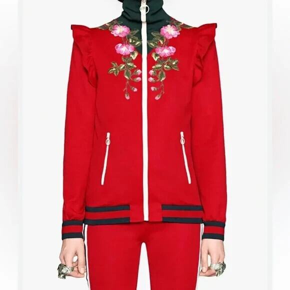 Gucci Tops - NWT Gucci Red Jersey Floral Embroidered
Technical Jacket Sz Large w/ Dustbag